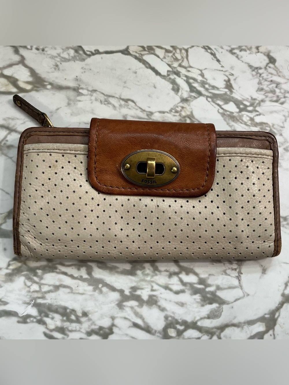 Fossil Mason Perforated Leather Clutch Wallet Turnlock Vintage